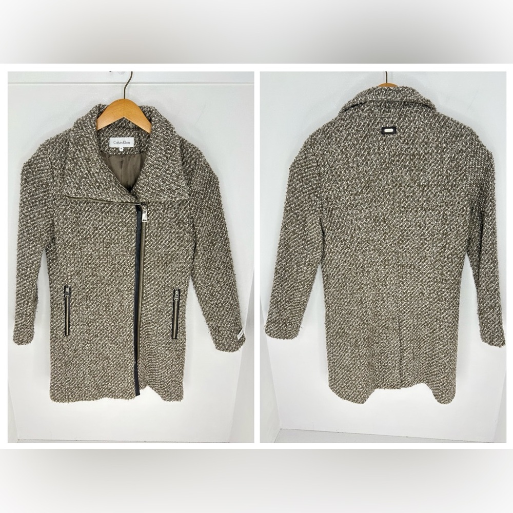 Calvin Klein Tweed Wool Blend Coat Size Medium Asymmetrical Full‎ Zip Jacket
